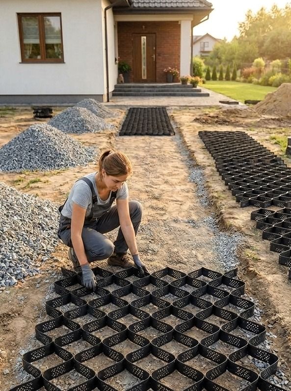 Persona instalando paneles de geocelda en el acceso de una casa