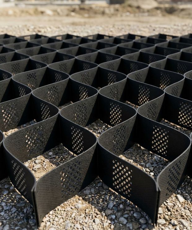 Panel de geocelda expandido mostrando la estructura de panal y las paredes perforadas