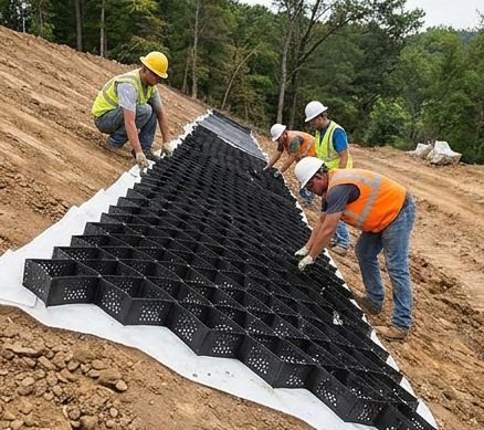 Cuadrilla preparando y nivelando el terreno antes de instalar la geocelda