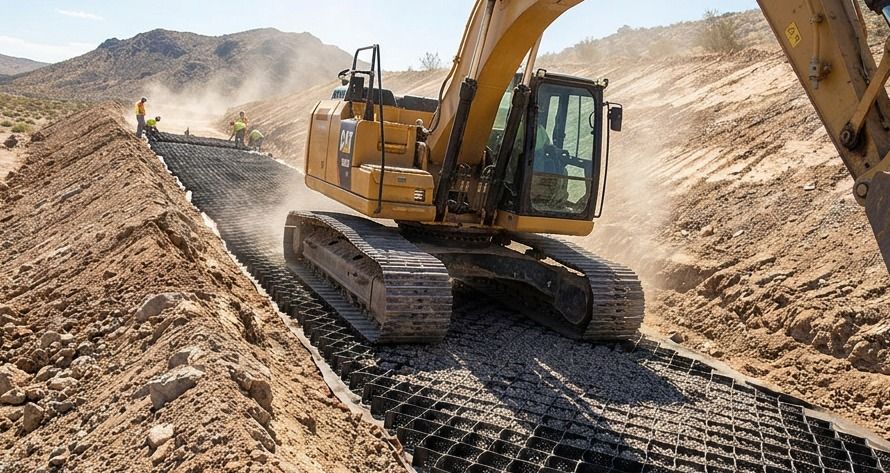 Excavadora sobre camino de faena estabilizado con geocelda