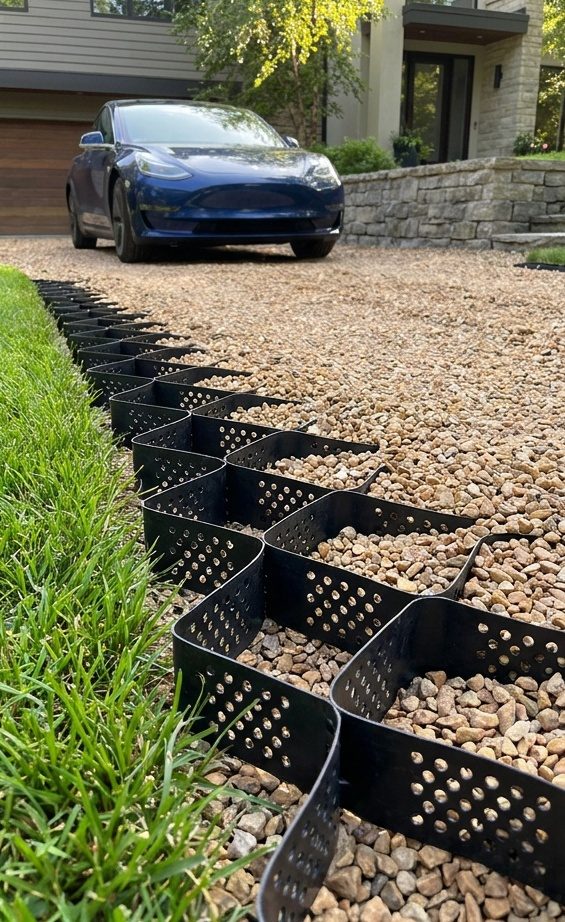 Celdas rellenas de gravilla en el acceso de una casa, con un auto estacionado al fondo